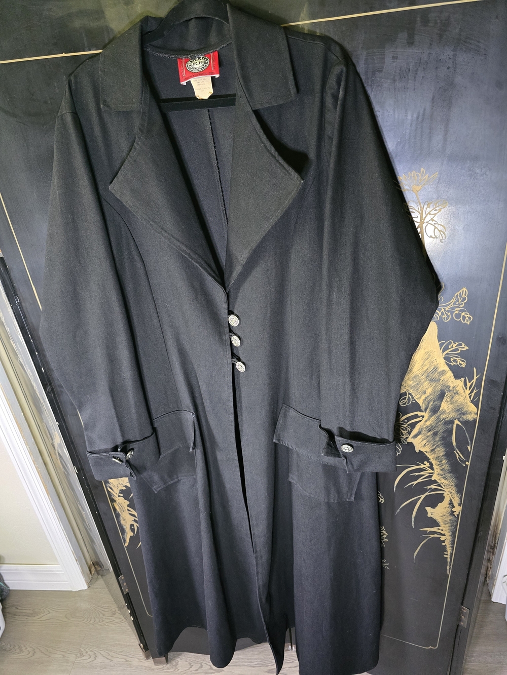 Vintage 90s Redballs on Fire Reverend Black Denim Duster Trench Coat Goth - Picture 4 of 6
